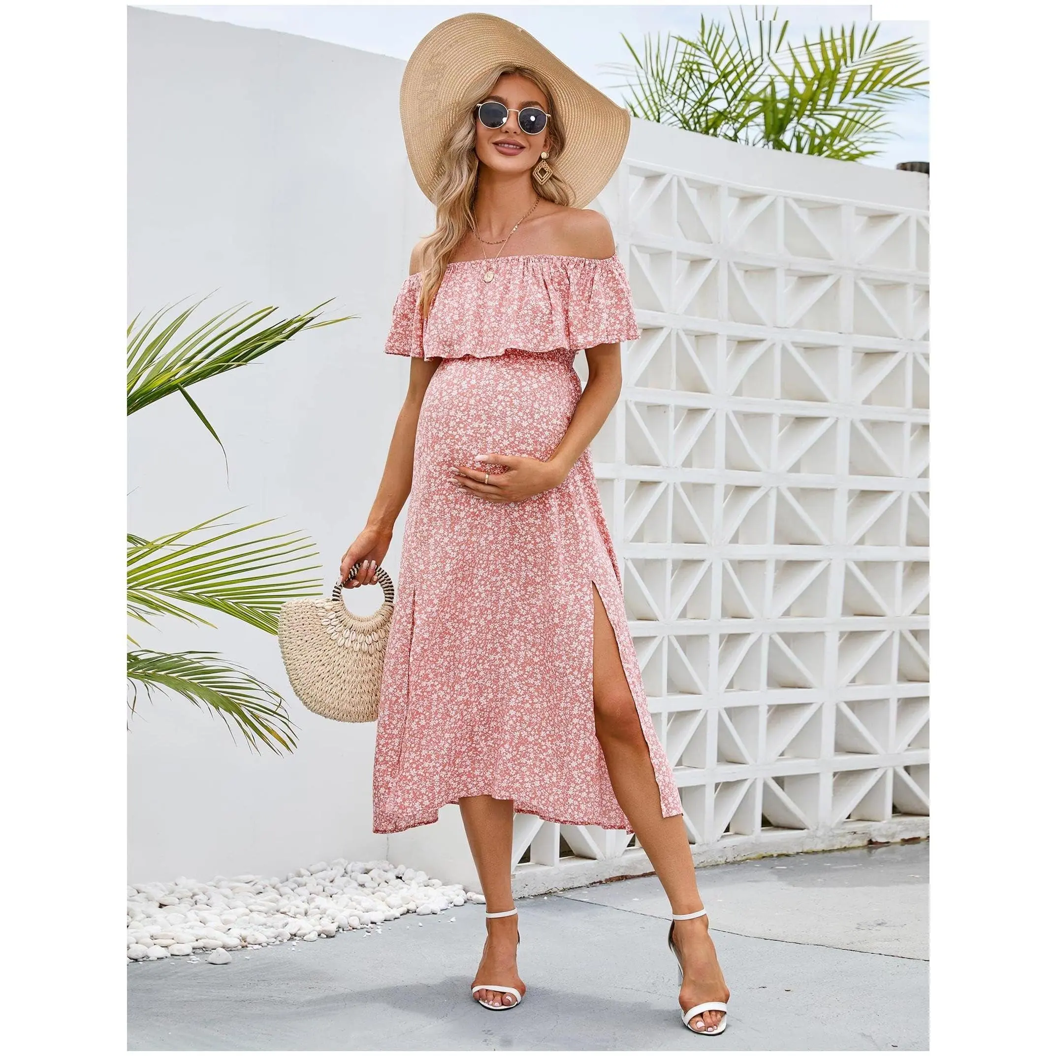 Women's Maternity Dress - Off-Shoulder, Split A-Line Casual Maxi Dress with Floral Print - Women's Clothes, Maternity Clothing, Pregnancy Clothes for Baby Shower (Pink, Red Floral, Size L)