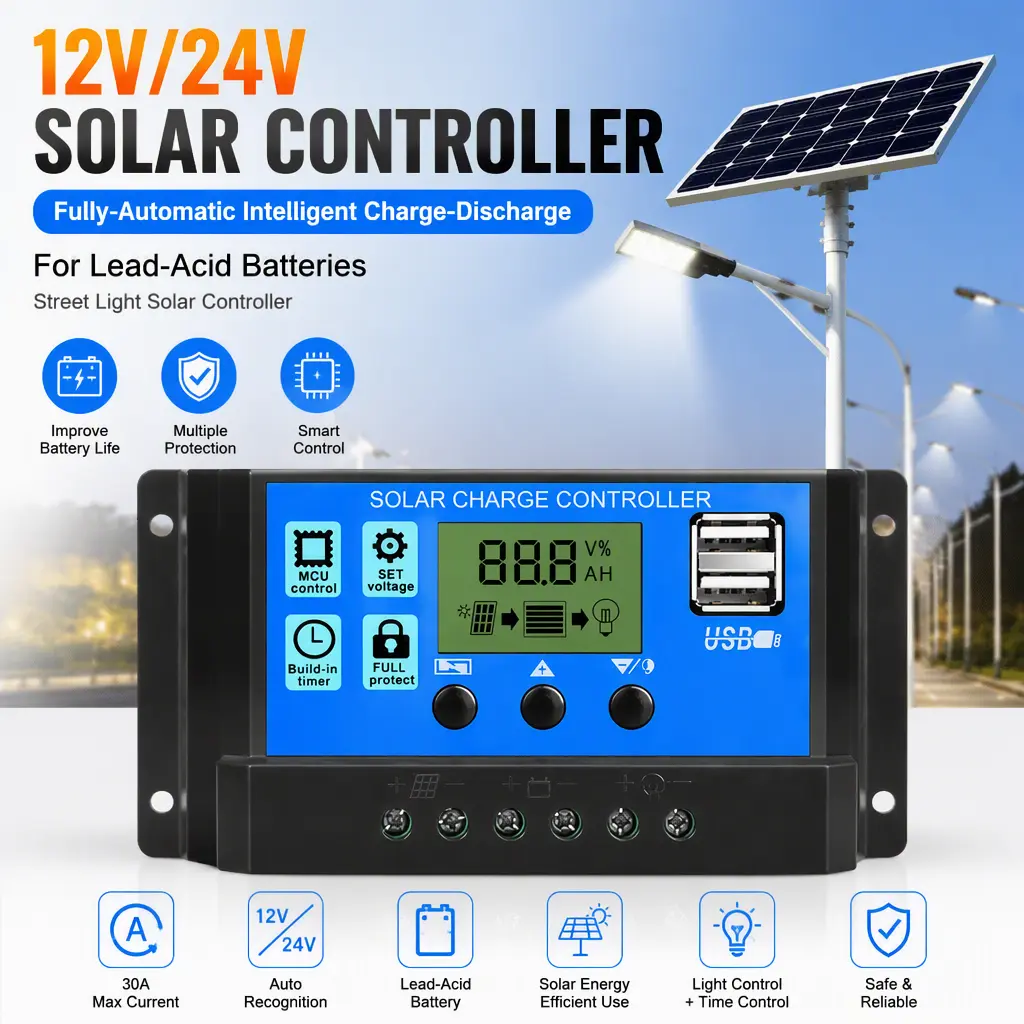 Intelligent Full‑Auto Solar Charge‑Discharge Controller, 12V‑24V for Lead‑Acid Street Light Battery System