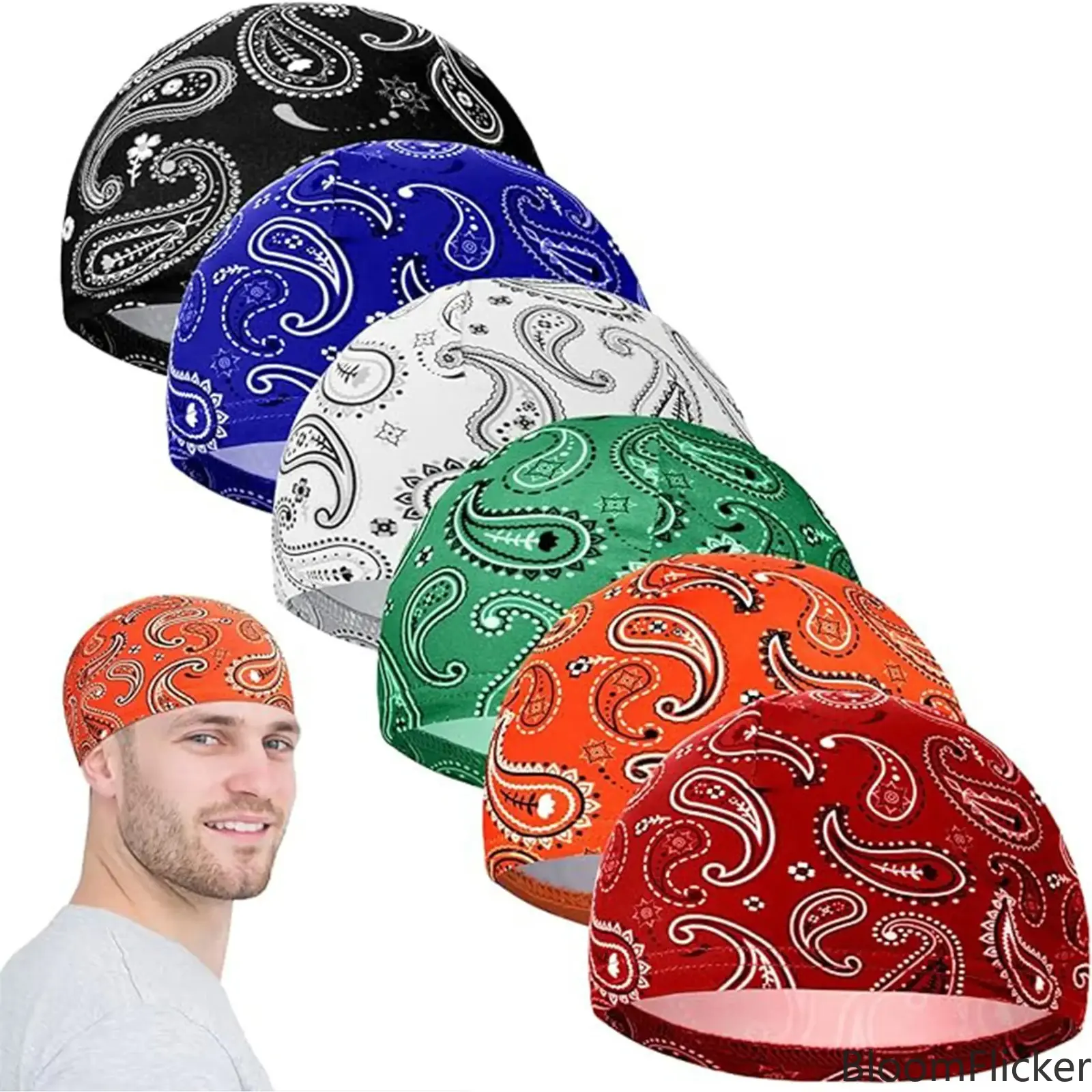 10Pcs/6Pcs Men Stretch Lightweight Paisley Print Skull Cap, Sweat Wicking Quick Dry Athletic Helmet Liner, Breathable Street Style Head Wrap, Comfortable Sport Headwear For Cycling & All Outdoor Activities