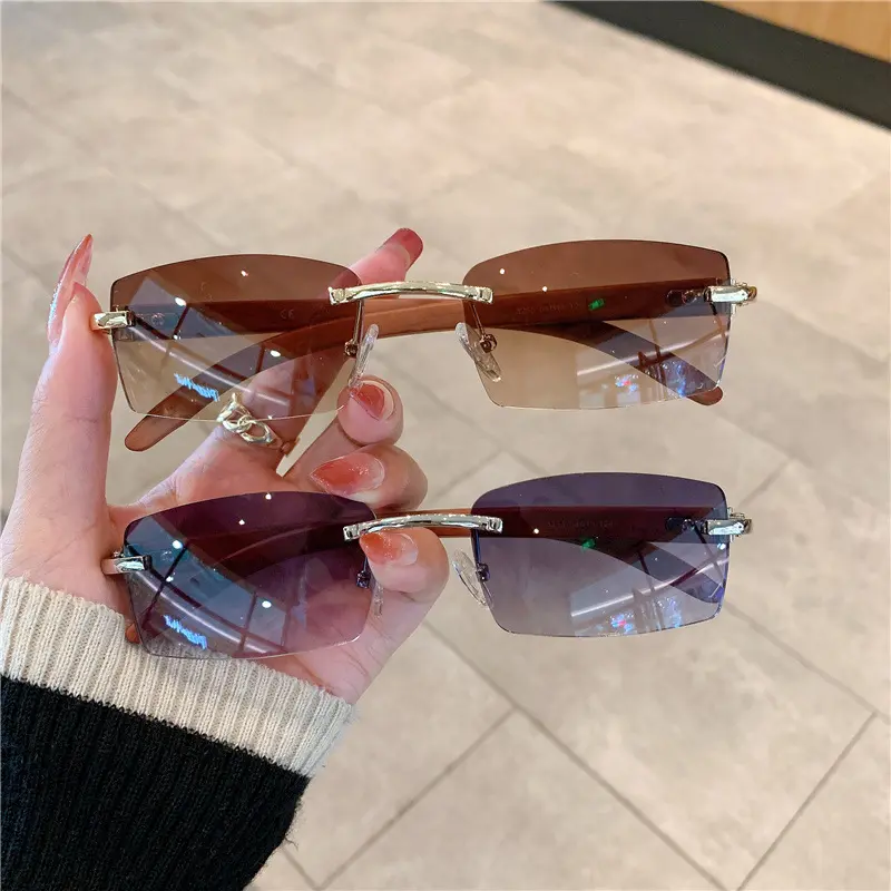 Baddie Y2K Rimless Beveled Cut Edge Square Sunglasses Faux Wood Grain Temple Gradient Tint Sun Glasses for Women Men Vintage Streetwear Vacation Outdoor Sun Shade