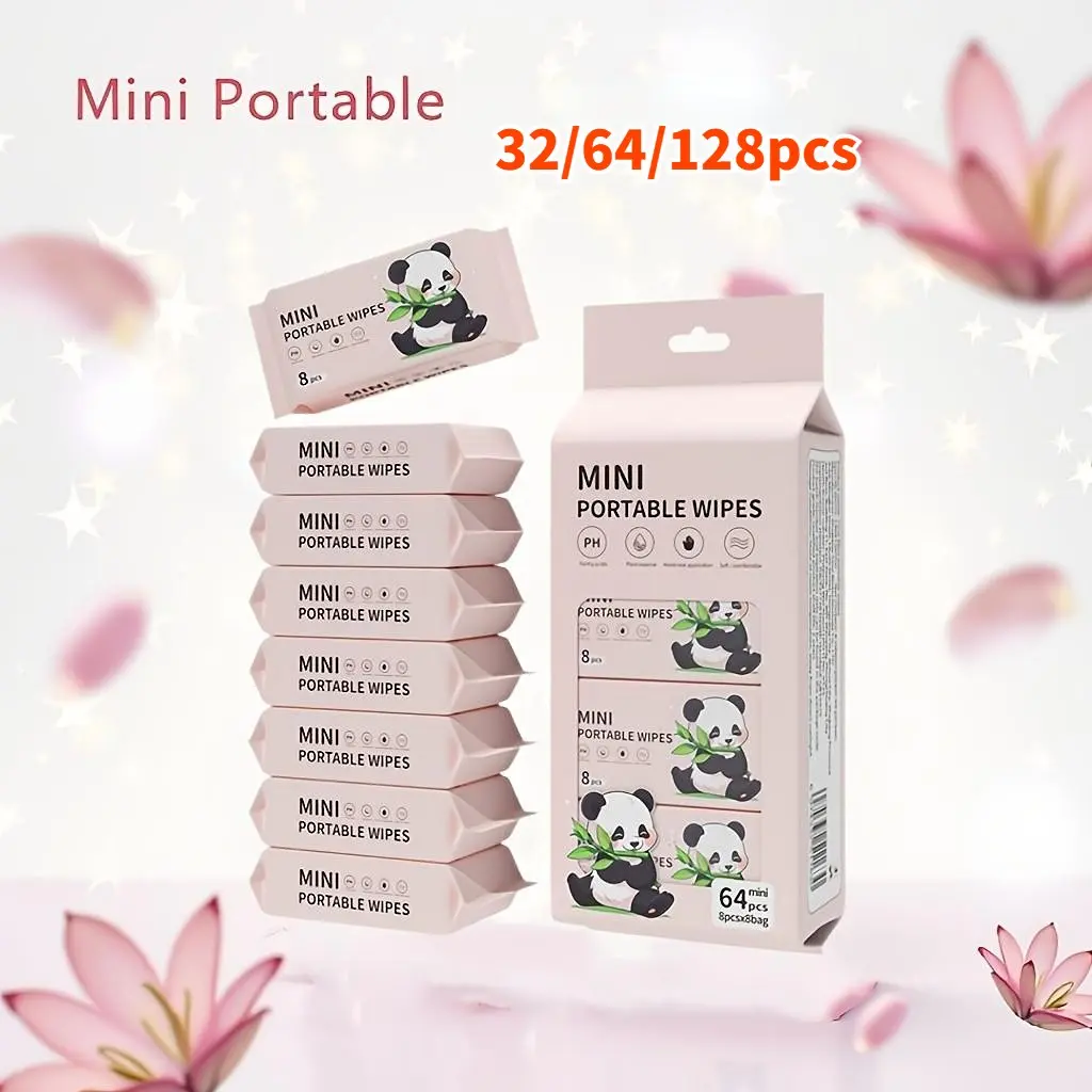 4/8 Packs 32/64 Sheets Cute Panda Mini Compact Wet Wipes, Durable Quick-Dry Versatile Material Cleaning Cloths, Ideal for Travel, Outdoor Picnic, Kitchen, Bathroom, Home Clean-Up