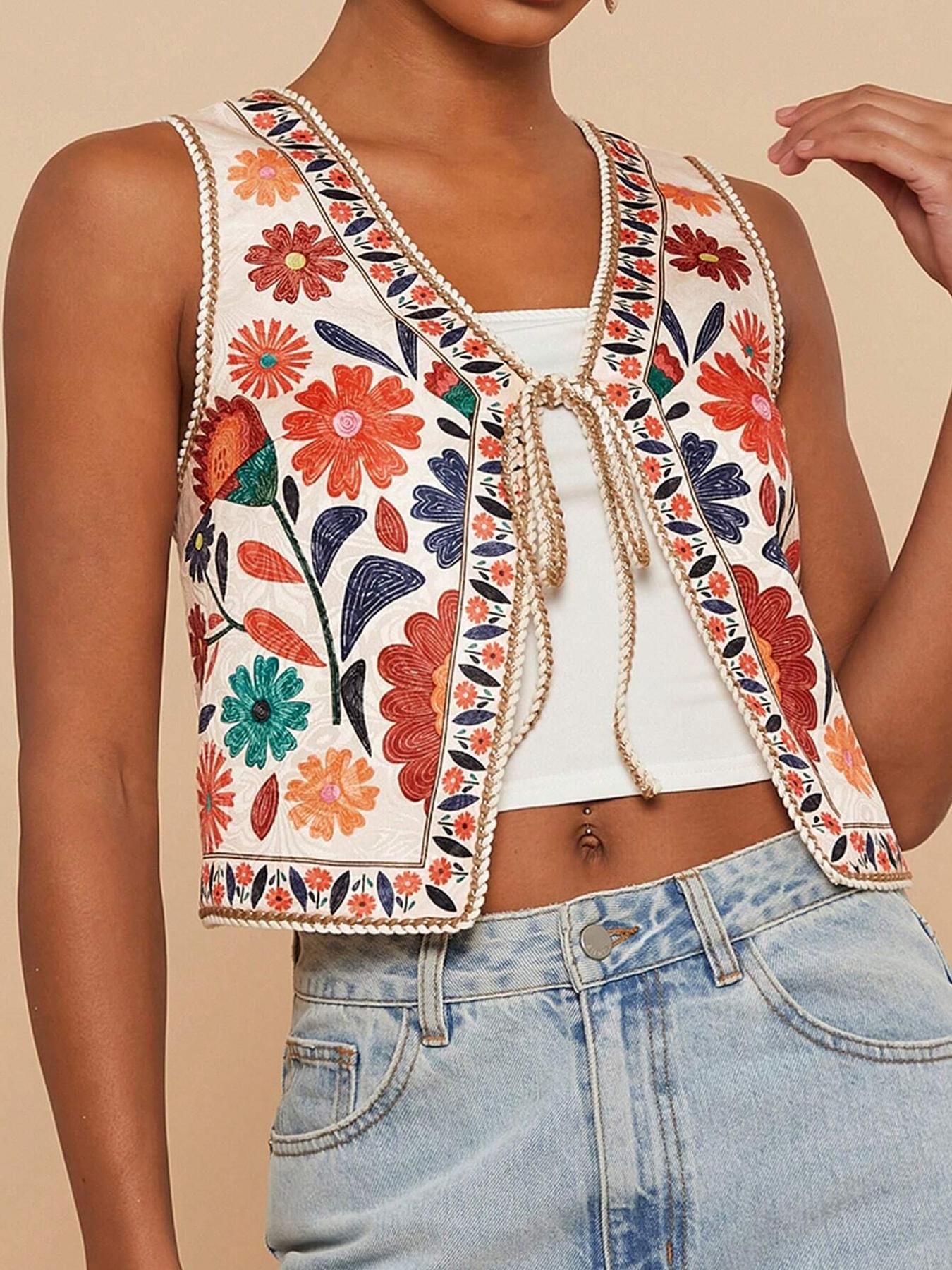 Women's Floral Print Tie Front Crop Tank Top, Boho Bohemian Sleeveless Top for Summer, Ladies Clothes for Beach Vacation