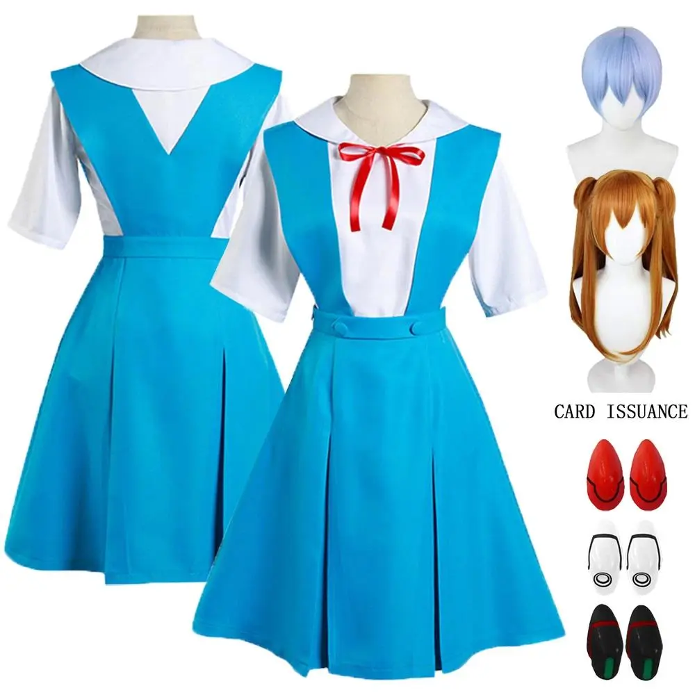 Rei Ayanami & Asuka Langley Soryu Character Theme Cosplay Costumes Set - Women's School Dress, Wig, Hair Clips, Multi-Size Accessories for Halloween Party Loli Outfits
