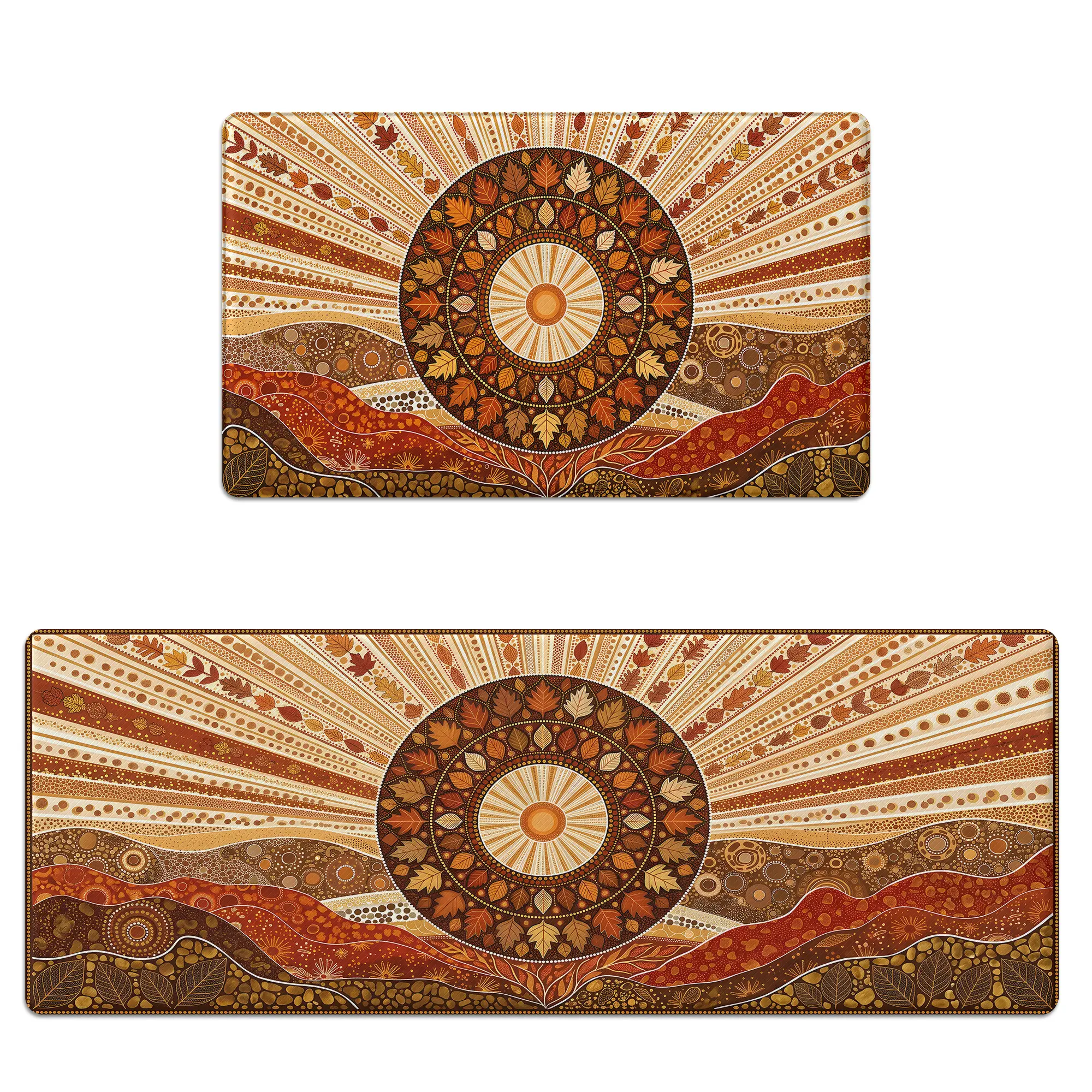 2-Piece Anti-Fatigue Memory Foam Kitchen Mat Set, Non-Slip, Scratch-Resistant, Waterproof Mat with Autumn Leaves Bohemian Mandala Design for Household Kitchen Use