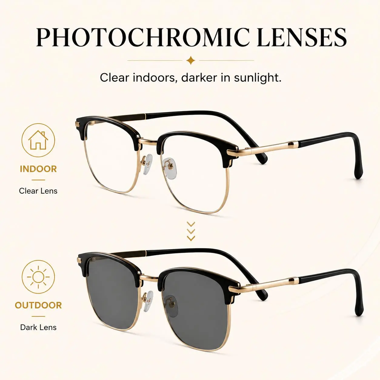 Photochromic Blue Light Blocking Glasses Women Men, Black Gold Semi Rimless Lightweight Eyewear, UV Adaptive Lenses That Darken in Sunlight, Fashion Daily Wear Glasses