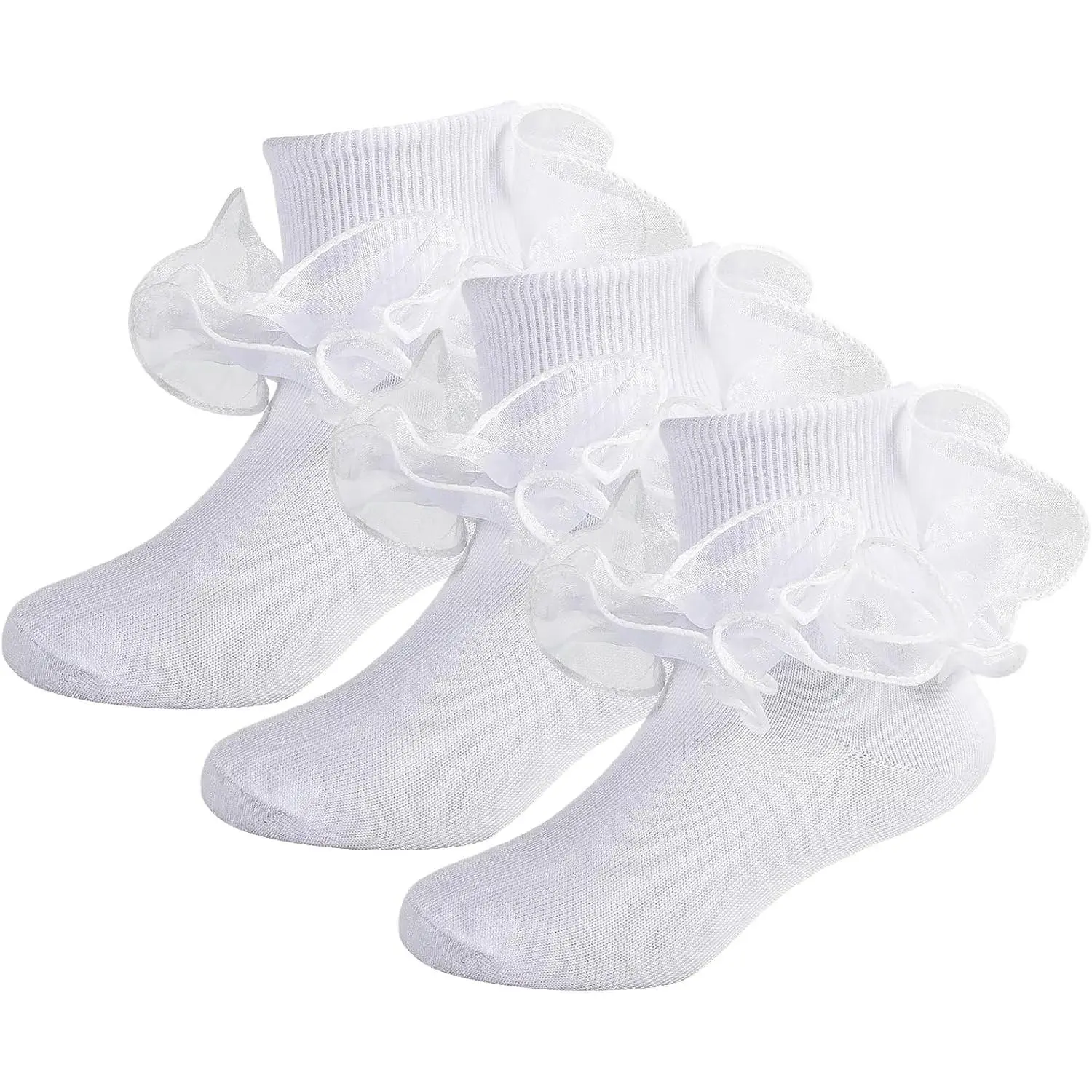 Girls Ruffle Socks with Double Lace Turn Cuff, Frilly Church Dress Socks, Toddler Soft Cotton Fancy Pageant Princess Socks for Easter Flower Girl Wedding Party Back to School Outfit Daily WearGift