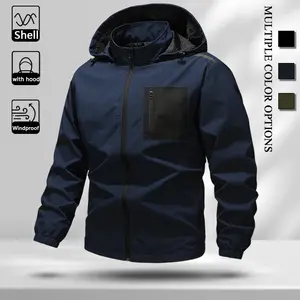 Men’s Black Hooded Windbreaker Jacket, Lightweight Windproof Shell Coat with Contrast Navy Zip Chest Pocket, Casual Wind Outerwear for Sports and Daily Outdoor Activities