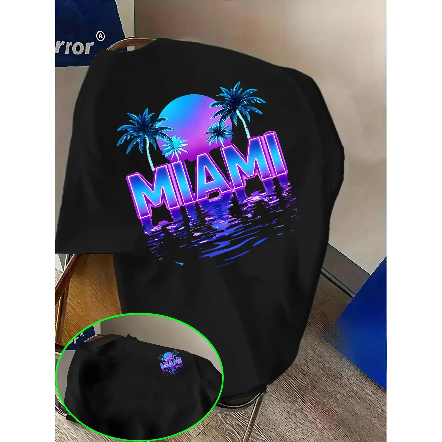 Street Fashion Enthusiast'S Miami Blue And Purple Neon Seaside Scenery Print, Full-Printed Front And Back Casual Short-Sleeve T-Shirt! Round-Neck Short-Sleeve Top, Casual Loose-Fitting Knit T-Shirt, Suitable For Daily Wear And Casual Sports