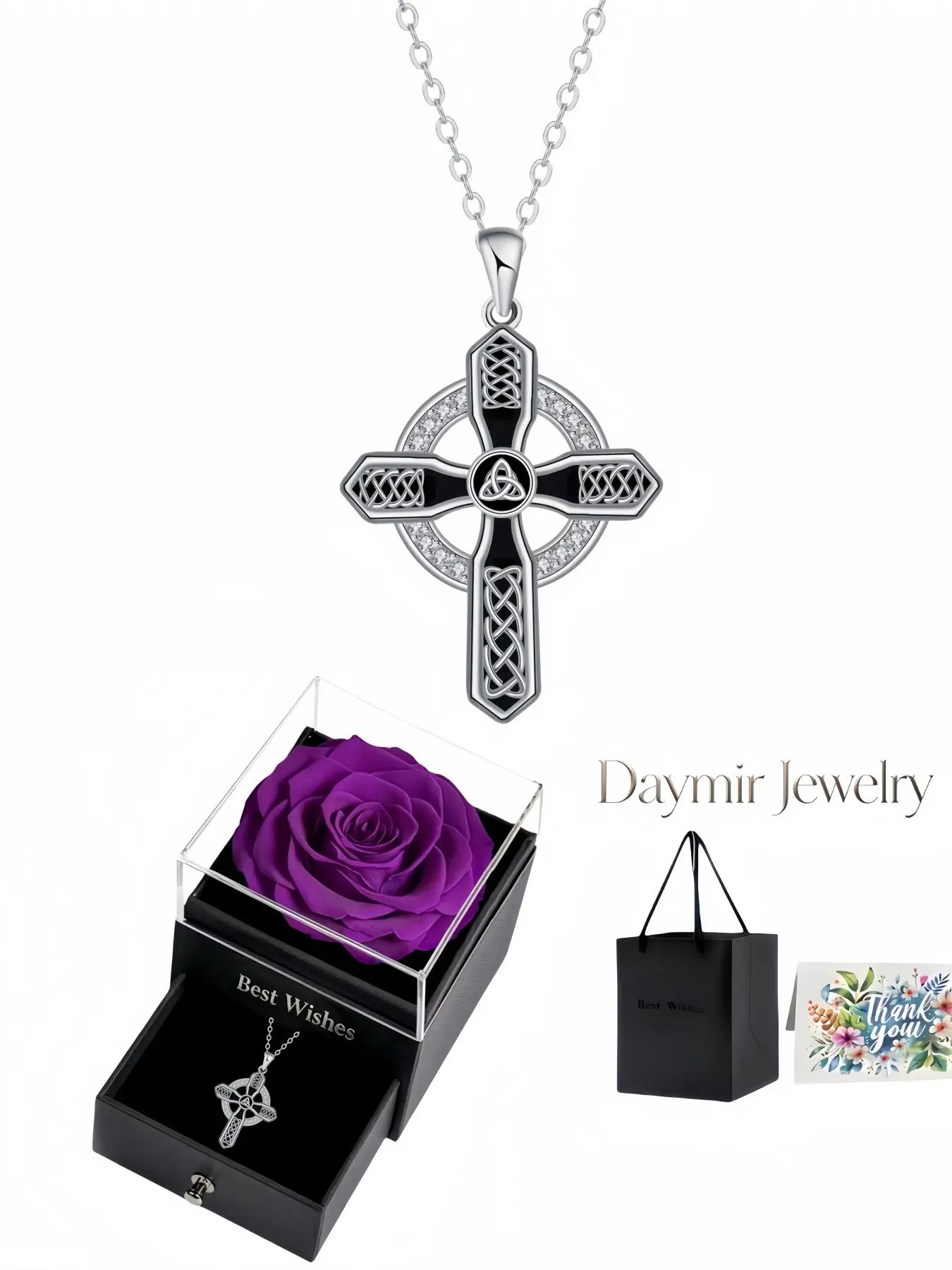 "Trinity Woven Heart · Star Cross" Stylish Celtic cross necklace. Comes with purple simulated eternal rose jewelry gift box, wonderful gift for birthdays, Mother’s Day, Valentine’s Day and Christmas.