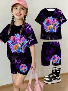 Girls' Summer Group Series T-Shirt and Shorts Set, Deep Star Pattern Cartoon Print, Casual Streetwear, Perfect Gift for Kids, Summer Outfits Set