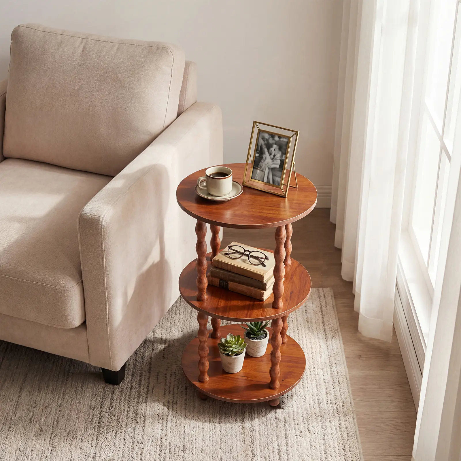 3-Tier Side Table, Small Round End Table with Storage Shelf, Modern Compact Nightstand Accent Table, Wood Vintage Side Tables for Living Room Bedroom Office Nursery Small Spaces, Easy Assembly