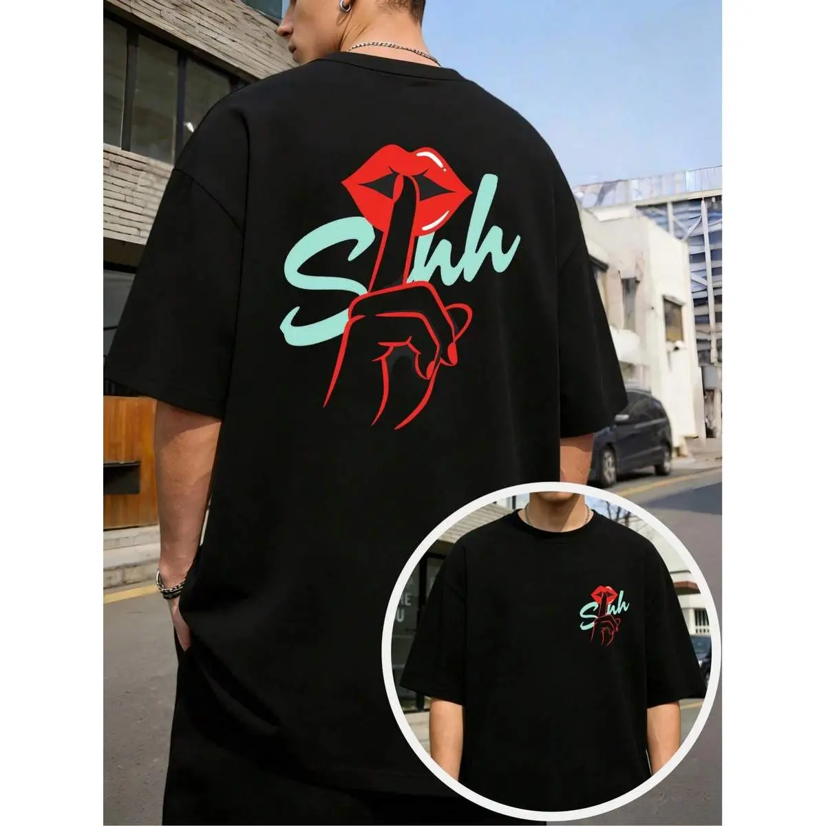 Hip Hop Pop Culture Streetwear Tee Unisex Black Skin Friendly Double Sided Print Red Lips Shh Hand Graphic Club Summer Casual Short Sleeve Top S-5XL