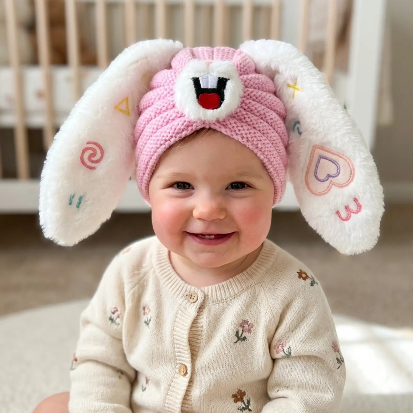 Chunky Knit Ruched Turban Hat, Plush Long Bunny Ears Cartoon Embroidery Rabbit Face Decor Stretch Head Wrap, Solid Color Cute Animal Headwear For Daily Outdoor Walking Street Casual Shopping Travel Outfit