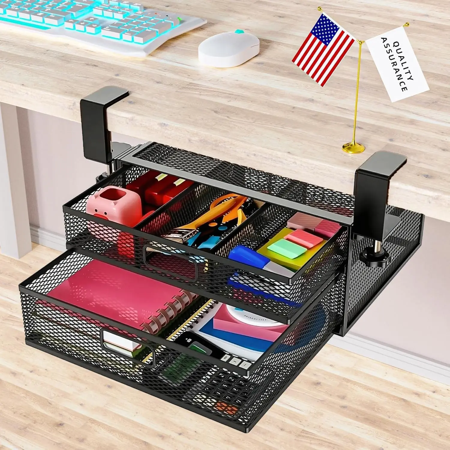 Under Desk Drawer Organizer No Drill Metal Under Desk Storage Drawer Container 2 Slide Out Cabinet Drawer Suitable for  And Office (Medium)