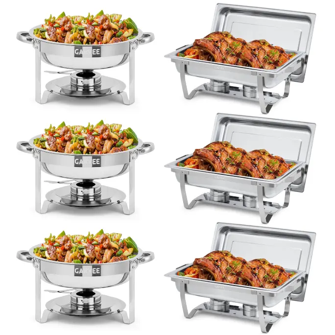 Garvee Sturdy 6-Pack Stainless Steel Chafing Dish Buffet Set - 8 Qt Rectangular & 5 Qt Round Chafers with Lids, Handles, Food Pans, Water Pans, Stackable Fuel Holders for Events, Catering
