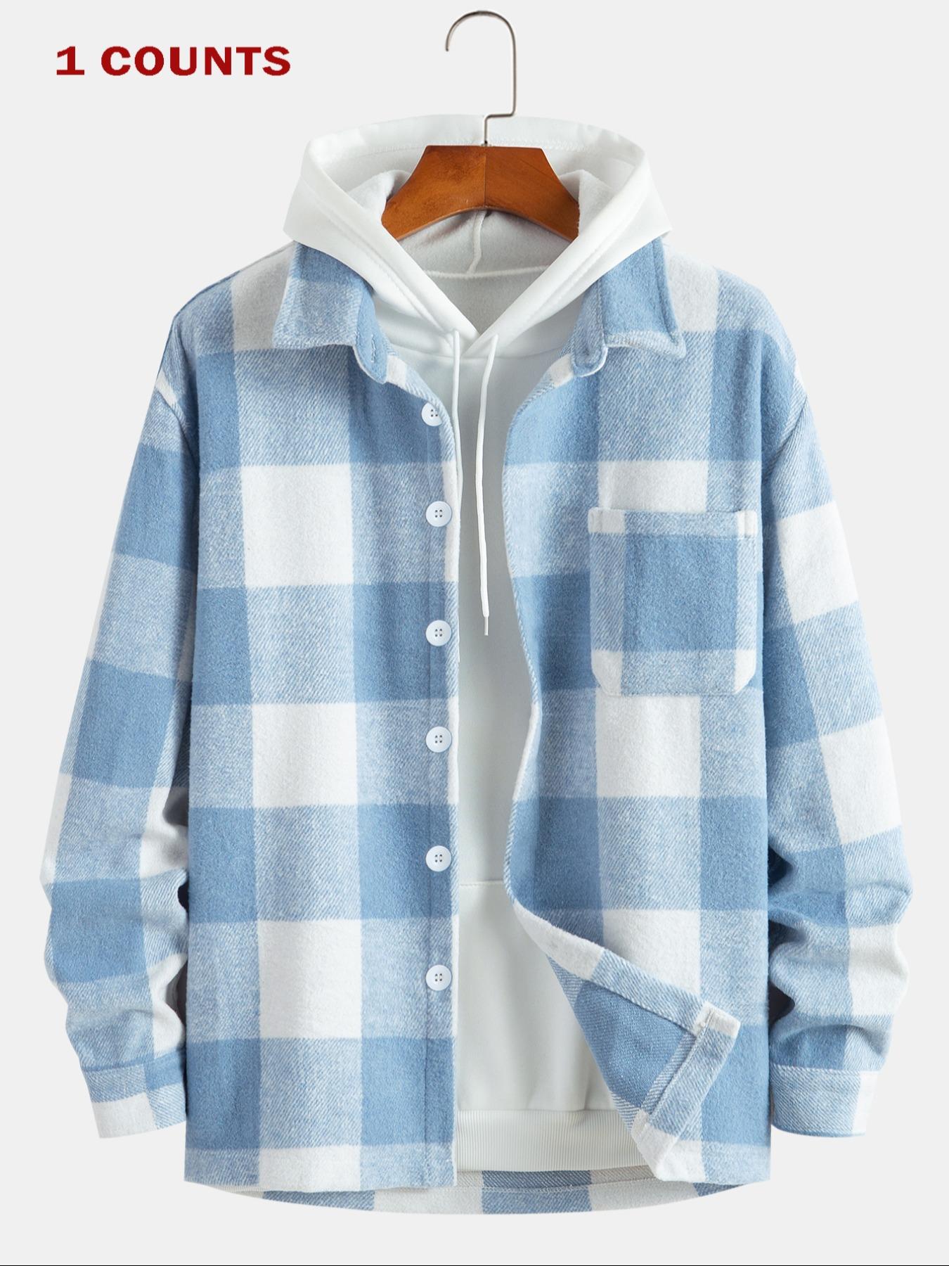 Men's Plaid Print Checked Button Front Collared Jacket without Hoodie, Loose Casual Drop Shoulder Long Sleeve Collar Outerwear for Fall & Winter, Men's Clothes for Daily Wear, Menswear