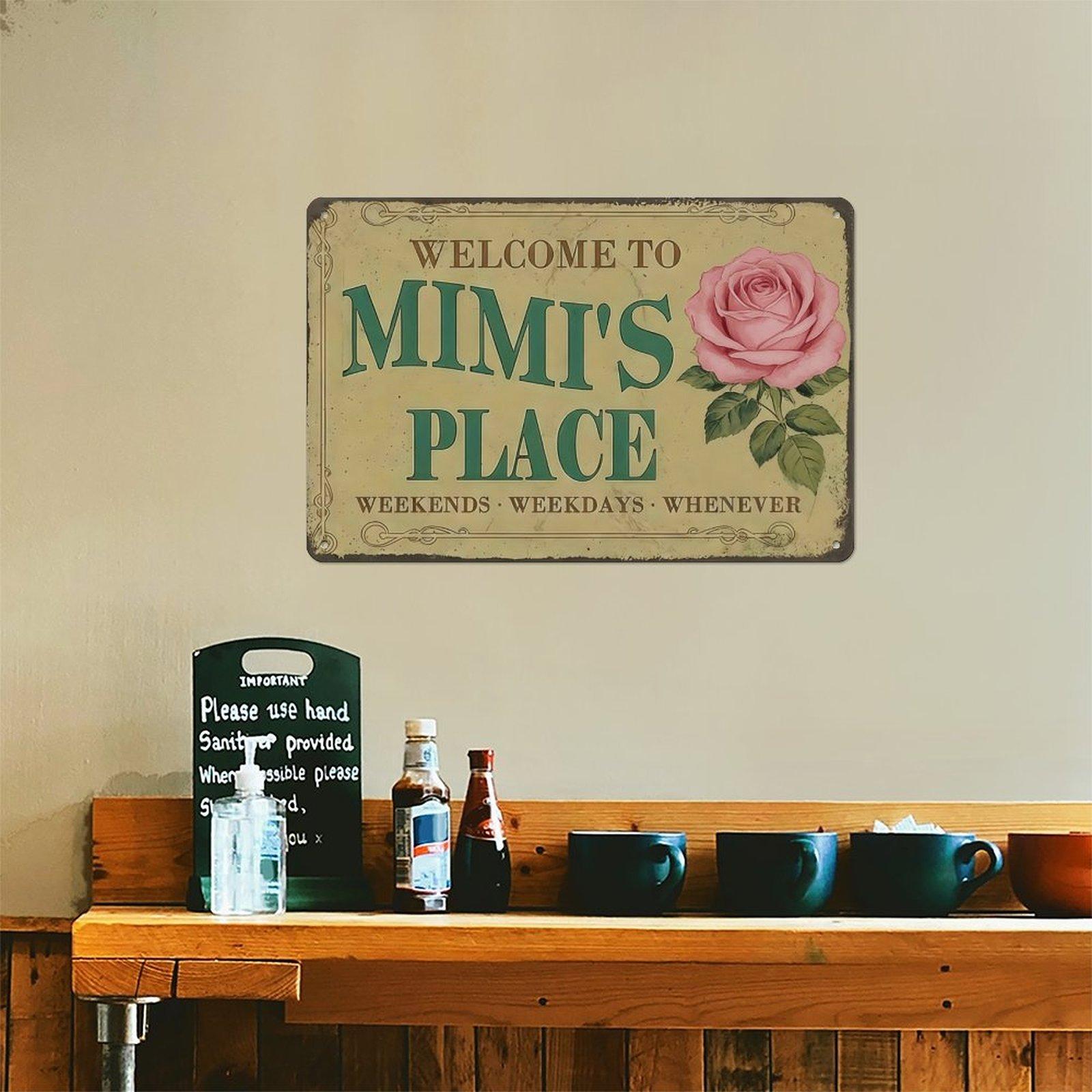 2D Flat, Metal Wall Art Sign Hanging Plaque - Mimi'S Place Rose Welcome Funny Wall Decor Retro Metal Sign Poster for Garage Man Cave Bathroom Bedroom Farm Inspirational Popular Wall Art 8x12 Inch Signs Posters