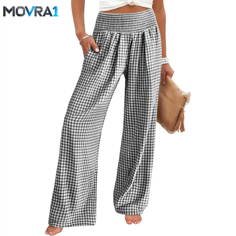 MOVRA1 Women's Striped & Gingham-Waisted Wide-Leg Loungewear Pants with Pockets - Casual & Pajama Style, Plaid, Loose-Fitting, Pyjama Bottoms, Wide-Leg Pants, Seam Pocket