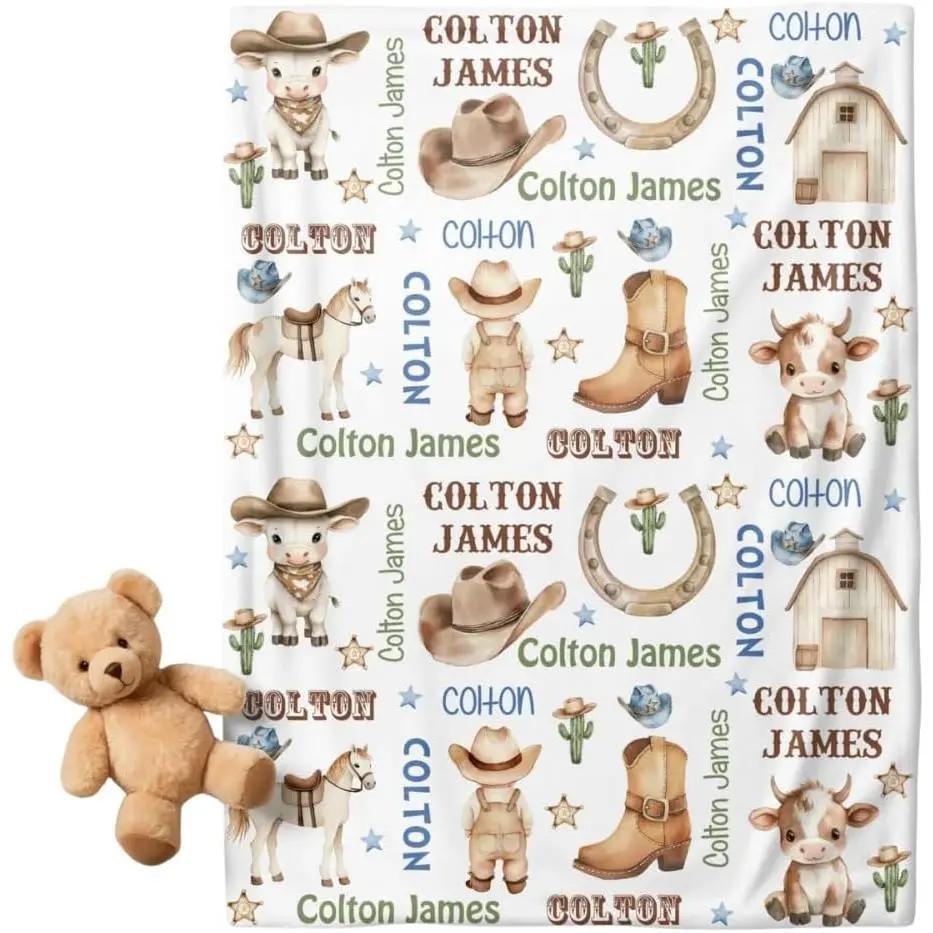 Personalized Cowboy Blanket, Custom Name Blanket, Swaddle Set, Minky Flannel Sherpa, Western Nursery Decor