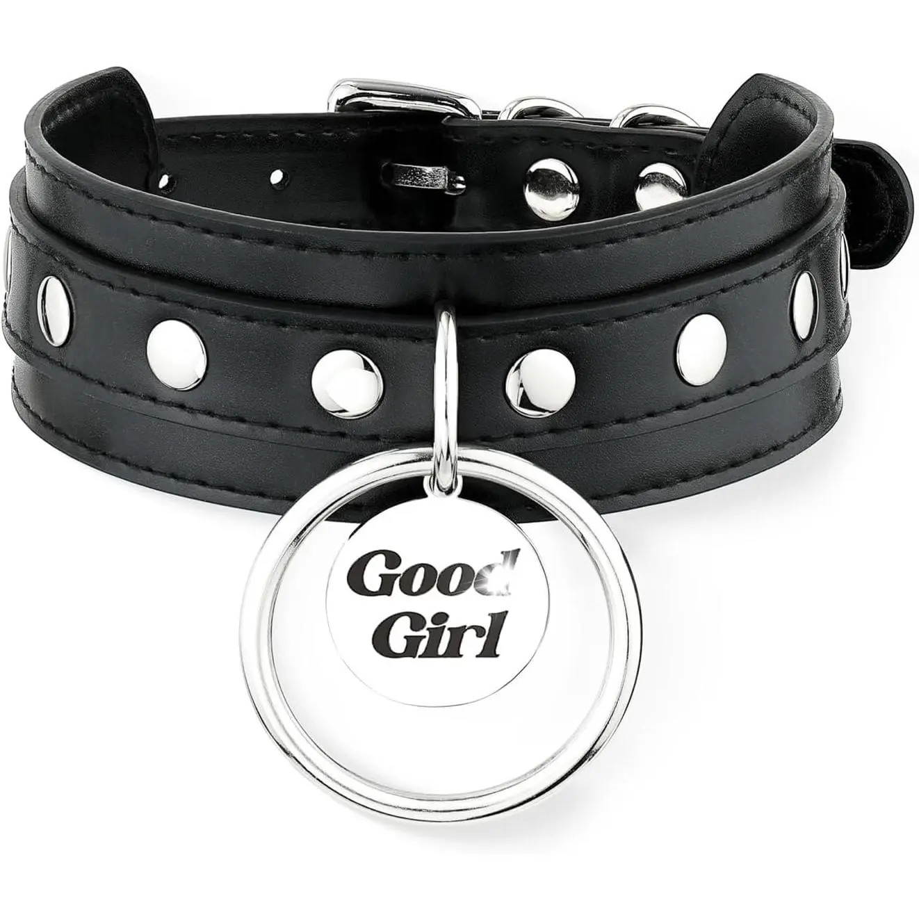 Black O-ring Leather Choker  for Women, Gothic Punk Style Adjustable Choker Necklace with Rivets and Engraved Letters Steel Tag