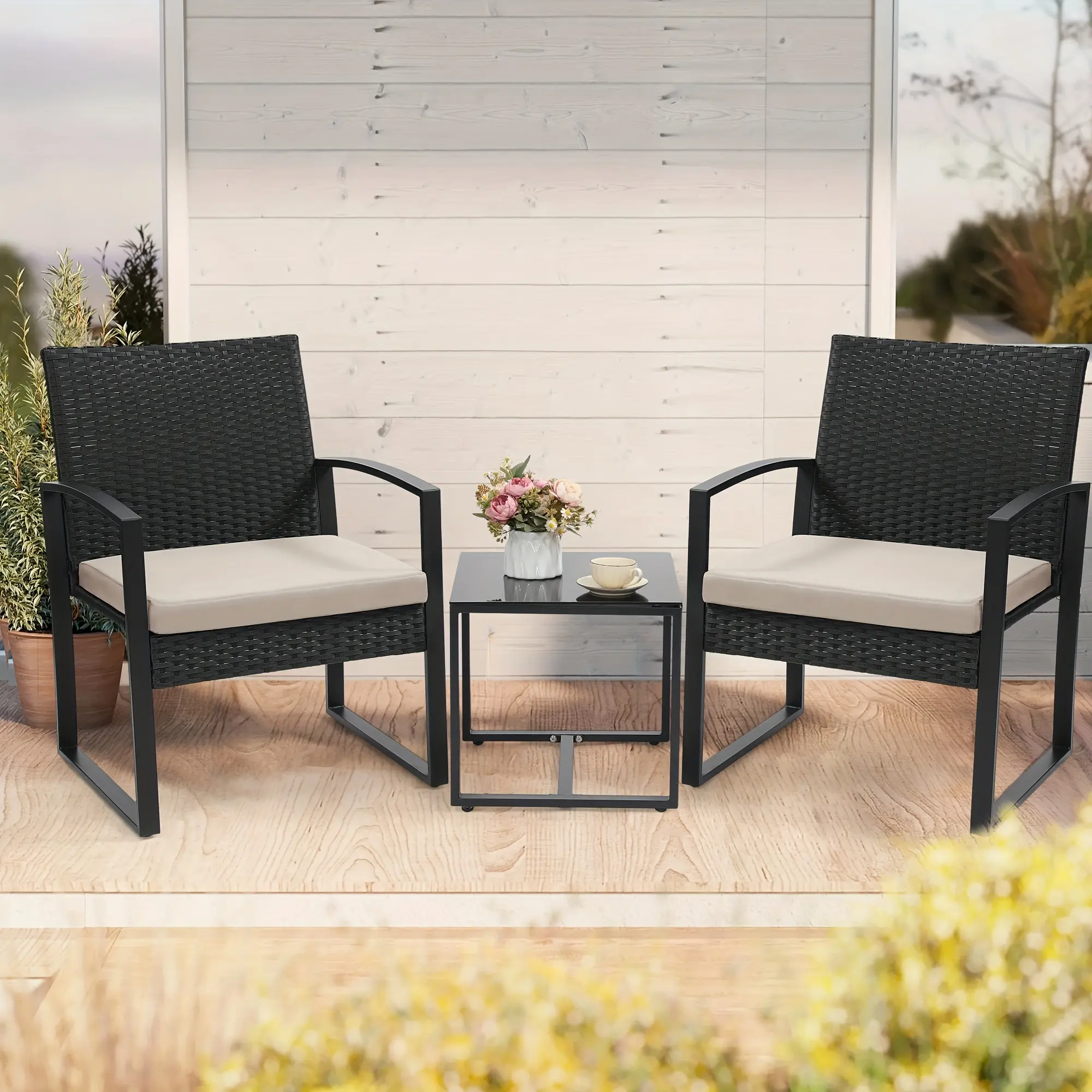 3pcs Outdoor Patio Furniture Set, 2 Waterproof Chairs And 1 Table Bistro Furniture Set, Wicker Rattan Conversation Set, Thick Cushions with Safety Glass Table Top,