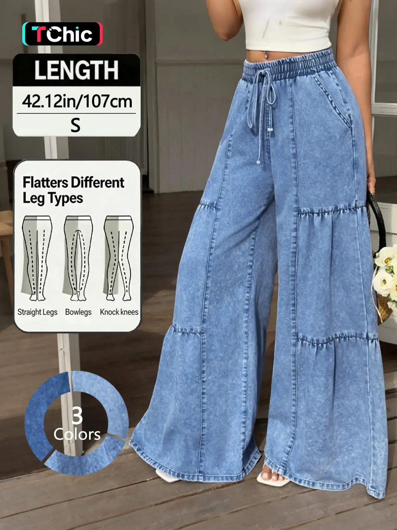 Elegant Chic Women's Elastic Drawstring Waist Baggy Pants, Fashionable Versatile Loose-Fit Jeans, Wide-Leg Trousers for Everyday Wear
