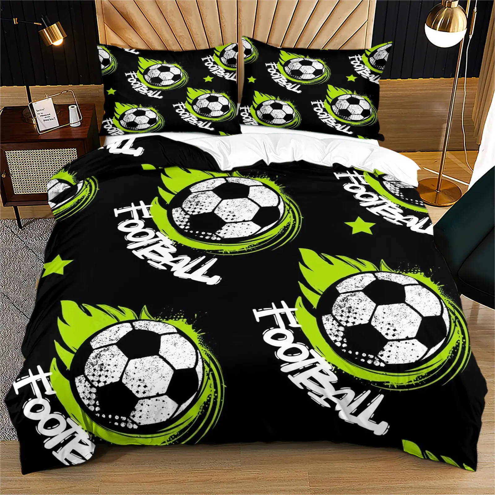 Football printed pattern soft and durable bedding duvet cover set, including 1 duvet cover and 1 or 2 pillowcases, without a core or pillow, suitable for children or adults as gifts, modern style fashionable bedroom bed decoration Bed Sets Supplies