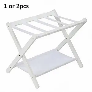 New Upgraded 1 OR 2PCS Folding Luggage Rack Bamboo Suitcase Stand with Storage Shelf Nylon Straps 2-Tier Luggage Holder for Guest Room Bedroom Hotel Holds Up to 110 Lbs Fits Most Luggage Sizes Luggage rack