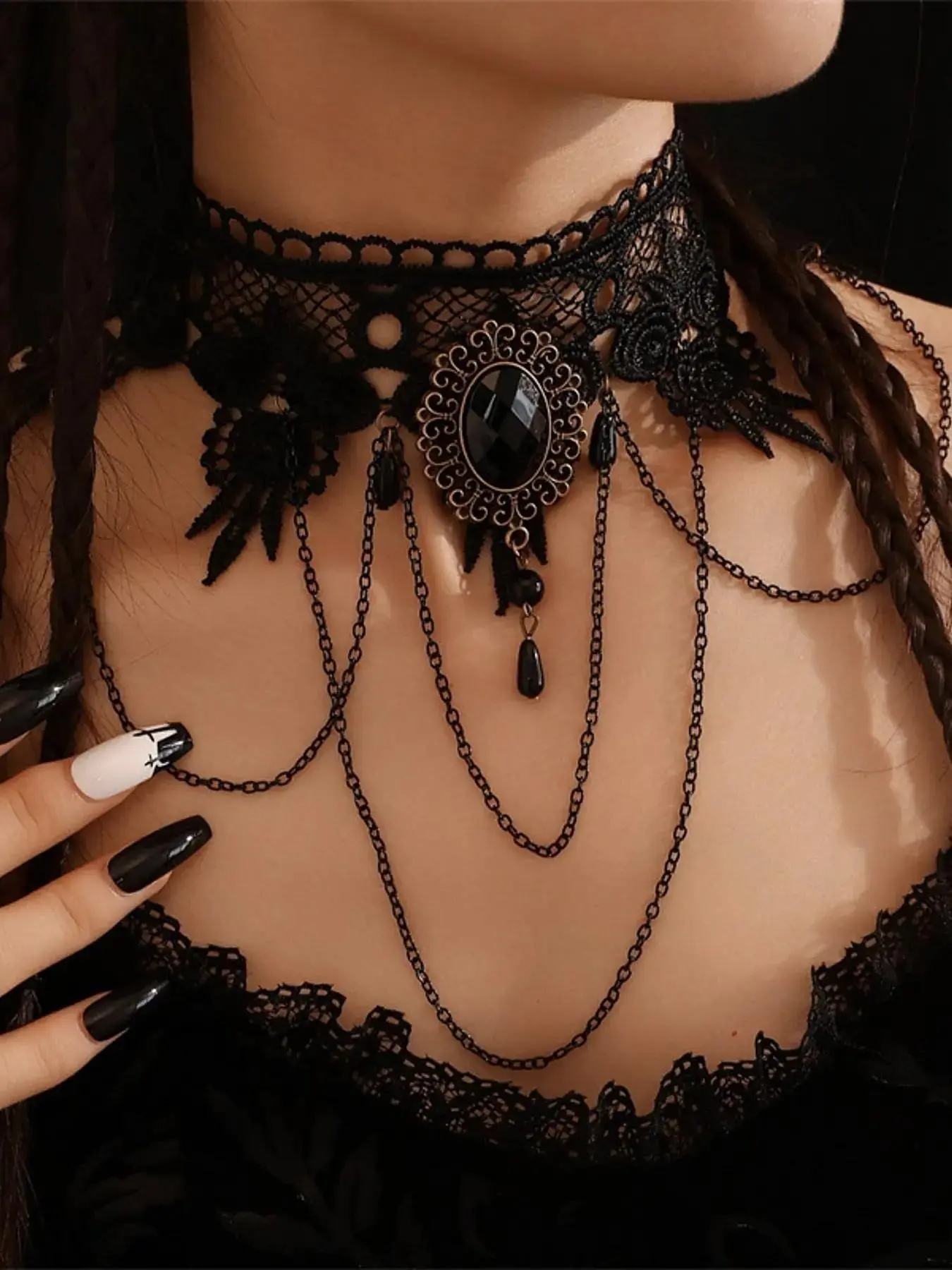Women's Halloween Costume Jewelry, Sexy Gothic Crystal Lace Choker Necklace, Vintage Victorian Steampunk Gothic Accessory, Vampire Chain Teen Fashion