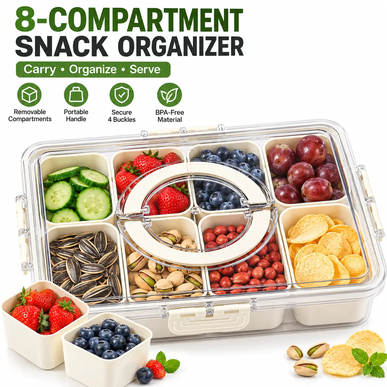 MIUVA Plastic Leak-Proof Snackle Box Container - Kitchen Storage Organizer with Divided Serving Tray, Removable Lid, Handle for Travel, Picnics, Parties