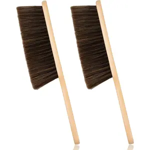 2 Pcs Wooden Dust Brush Hand Broom Bench Brush with Long Wood Handle Soft Bristle Whisk Broom for Counter Bed Sofa Car Fireplace Clothes Household Cleaning