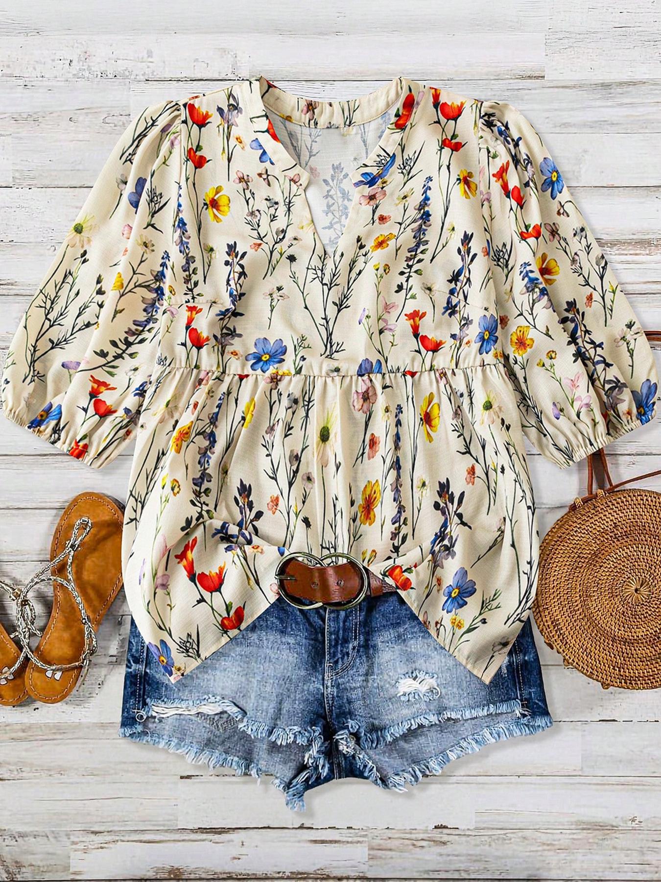 【Plus Size】 Floral Print Notched Neck Boho Cottagecore Blouse, Boho Floral Printed Casual Bishop Sleeve Top for Summer, Women's Clothes for Daily Wear