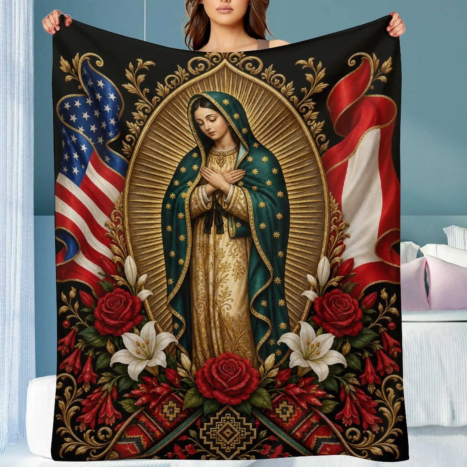 Peruvian Guadalupe Andean Bloom Graphic Print Flannel Throw Blanket - Soft, Warm, Modern, Multi-Size Faith-Based Blanket for Home & Travel, Sofa, Faith-Focused Gifting
