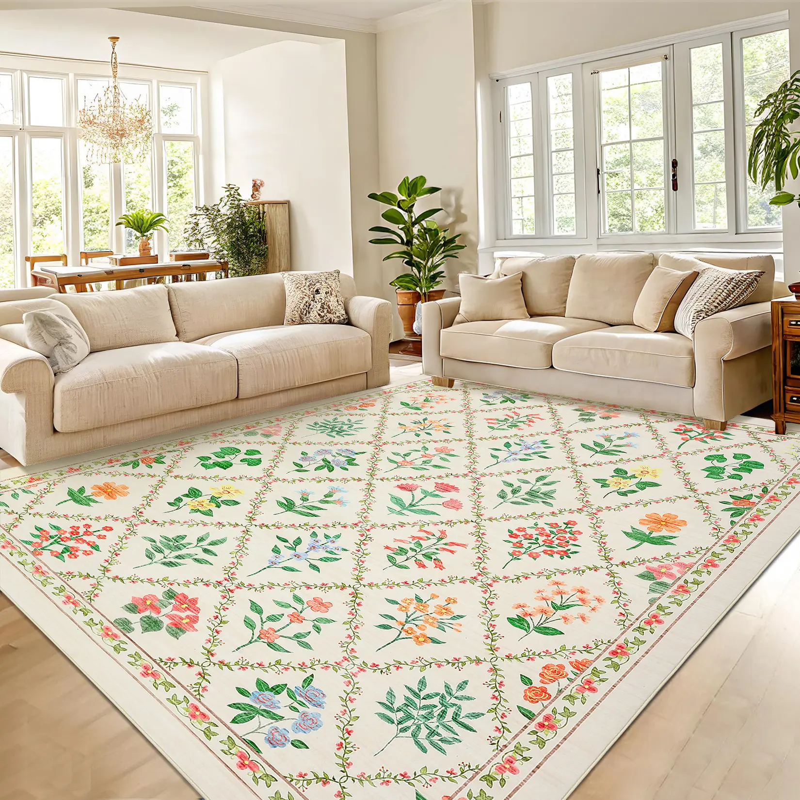 Geometric Floral Print Rug Washable Area Rug Floral Diamond Pattern with Anti-slip Backing High-traffic Rug Ultra-thin and Non-shedding for Bedrooms Dining Rooms and Playrooms