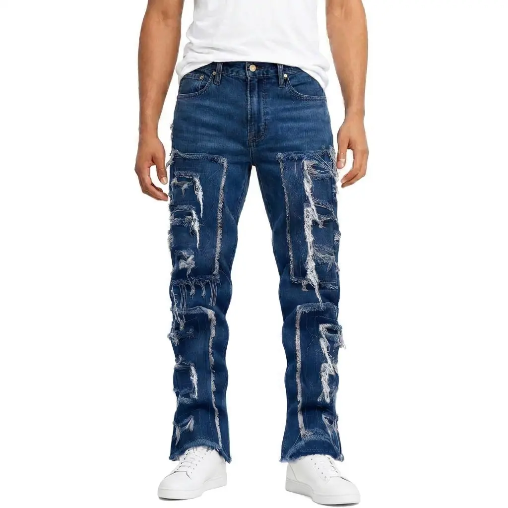 Men's classic micro-tassel frayed patch jeans, lightweight and versatile denim trousers
