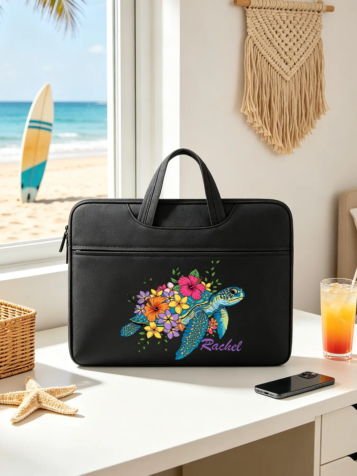 Tropical Turtle & Hibiscus Print Laptop Bag, Shockproof Computer Case, Casual All-Season Backpack, Ideal for Office, Travel, Daily Use