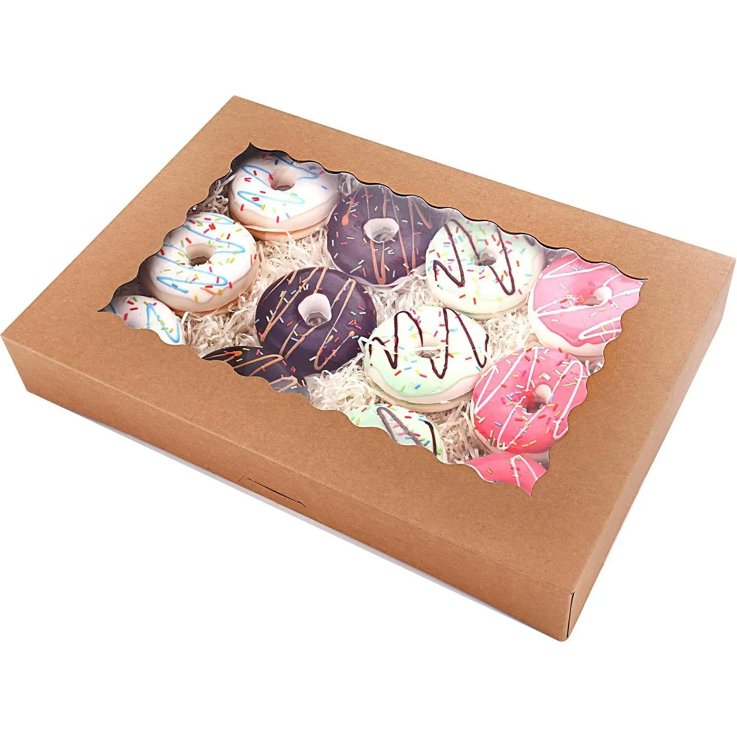 20-Pack 16" x 11" x 2.5" Bakery Boxes with Window Hold 12 Donuts, Auto-Popup Large Cookie Boxes for Pies, Cakes, Muffins, and Pastries (Brown)