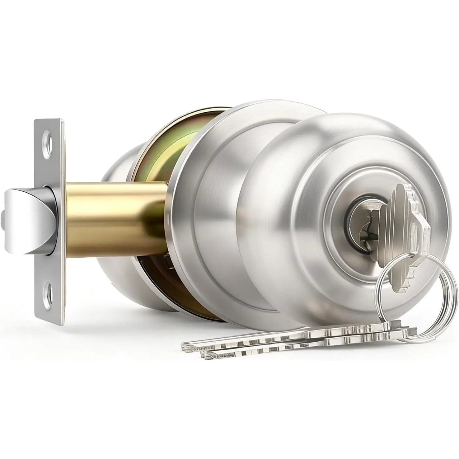 1 Pack Keyed Entry Door Knob with Lock, Interior and Exterior Door Lock, Flat Ball, Satin Nickel Door Knobs with Different