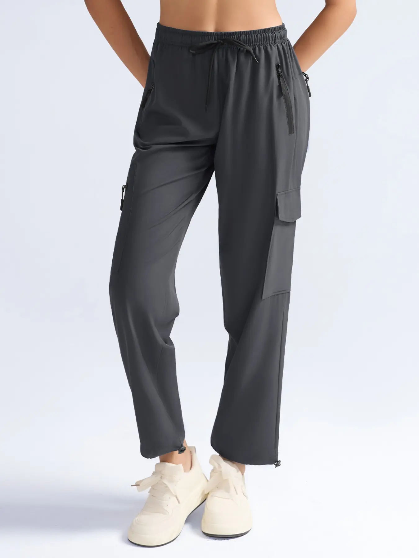 Anti-Wrinkle Loose-Fit Casual Work Pants, Bottom, Magic Tape Closure, Dual Zipper Pockets, Adjustable Ankle, Ideal for Hiking and Camping, Casual Zipper Trousers