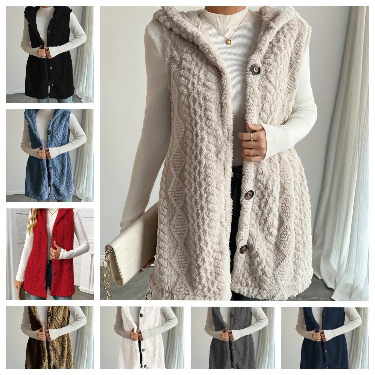 2026 Women Solid Double Sided Fleece Hooded Button Down Vest, Casual Sleeveless Open Front Cardigan Waistcoat, Soft Warm Plush Loose Fit Layering Outerwear, Basic Solid Color Autumn Winter Thermal Hoodie Vest for Daily Commute & Outdoor Wear