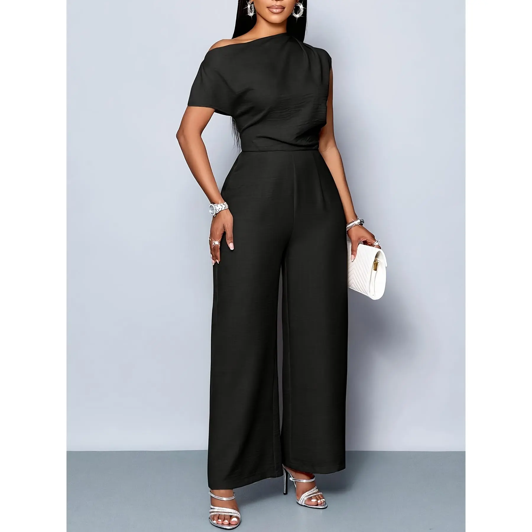 Women's Commuter Elegant Solid Color Daytime Outing Casual Simple Off-Shoulder Asymmetric Neckline Shoulder Pleat Short Sleeve Wide-Leg Jumpsuit, Valentine's Day Outfit