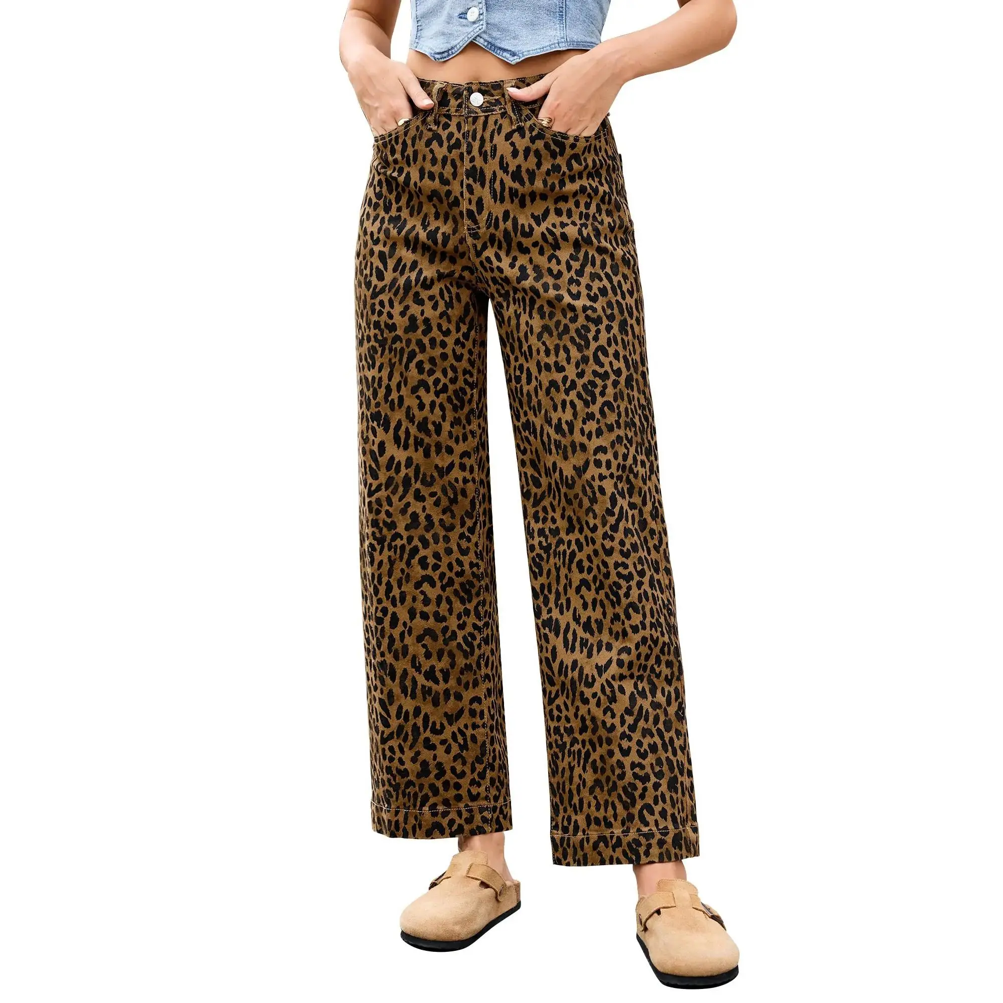 Wide Leg Jeans Woman Trendy High Waisted Leopard Cheetah Print Ankle Length Stretchy Denim Pants with Pockets