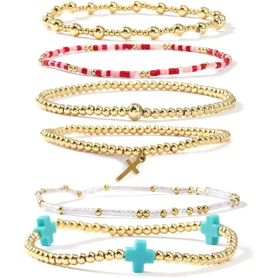 Dainty   Beaded Bracelet Stack for Women, Bohemian Stretch  White Seed Beads Stackable Bracelets Set Fashion Prom Religious   Friendship Family
