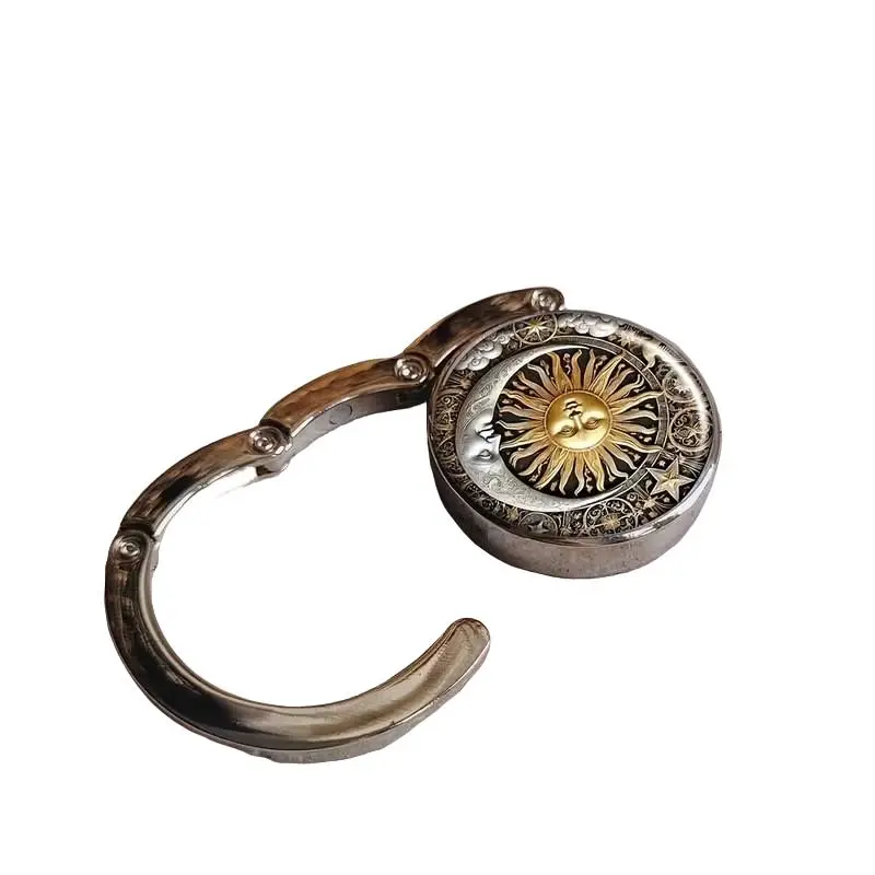 2-Pack Round Time Stone Metal Folding Desktop Hooks, Vintage Sun Moon Pattern Purse Hook Bag Hooks, Detachable Outdoor Office Desk Hangers, Foldable Purse Hook