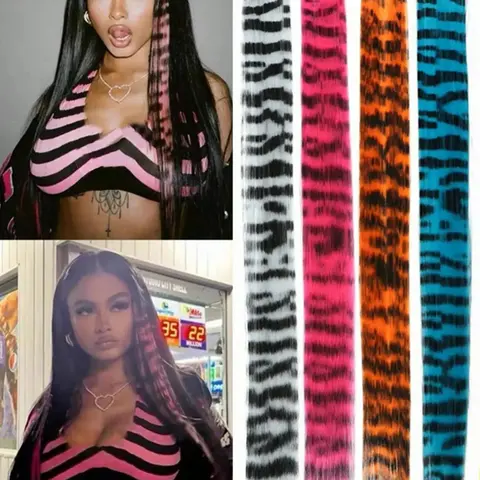 4‑Piece Tiger‑Print Mixed‑Color Y2K Street Style Clip‑In Hair Extensions, Synthetic Hair Pieces