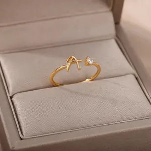 Tiny Initial Letter Rings For Women Stainless Steel A-Z Letters Adjustable Ring Female Christmas Aesthetic Jewelry bijoux femme