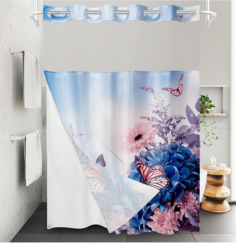 Snap Button Hookless Digital Print Waterproof Shower Curtain with Embedded Fabric Liner Set Lin Shower Curtain Partition