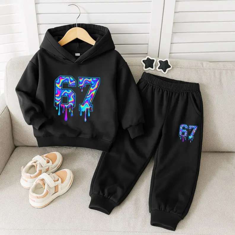 Unisex Six Seven Print Hoodie Tracksuit Set, Fleece-Lined Sweatshirt & Joggers, Fall & Winter Casual Outfit for Indoor & Outdoor Wear