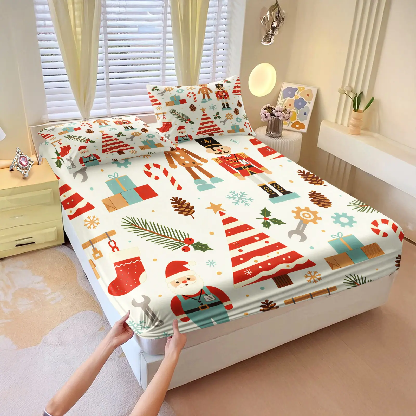 3Pcs Vintage Cartoon Santa Reindeer Christmas Tree HD Digital Print Fitted Sheet Set, Washable Hypoallergenic Deep Pocket Mattress Cover For Holiday Lovers All Season Bedroom Decor