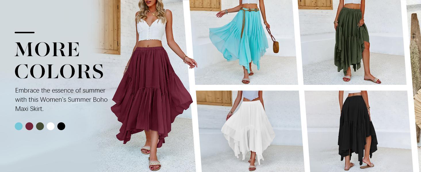 Imily Bela Womens Summer Boho Maxi Skirt Casual Asymmetric High-Low Hem Flowy Bohemia Long Skirt